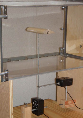 Two perpendicular force sensors attach to a metal rod that is inserted into a Plexiglas box