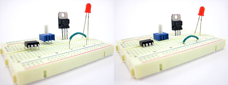 Two photos show electronic components not fully pushed into a breadboard on the left and fully pushed in on the right