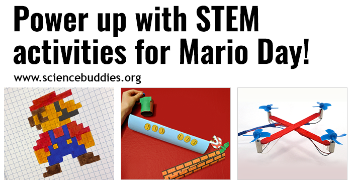 Drone, 8-bit character, and marble wall run for Mario Day STEM activities