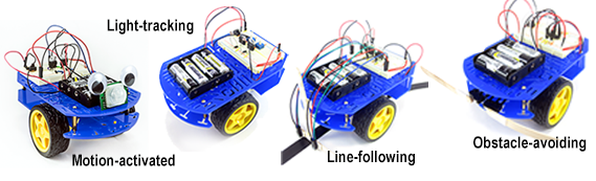 Four bluebot robots: guard bot, line-following, light-following, and obstacle-avoiding