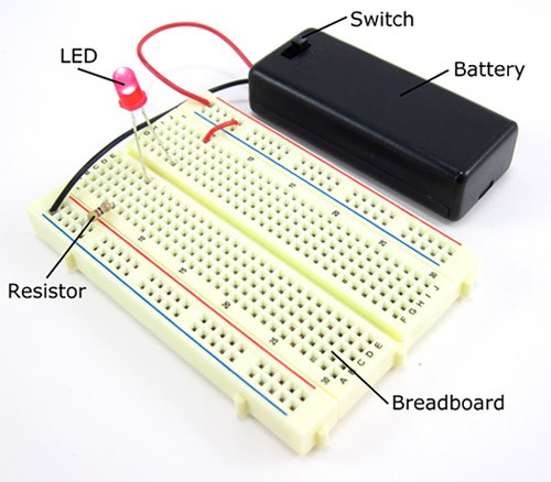 An LED, battery pack and resistor are connected to a breadboard