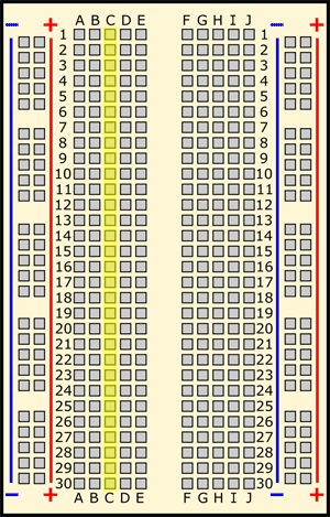 Drawing of a breadboard with column C highlighted in yellow