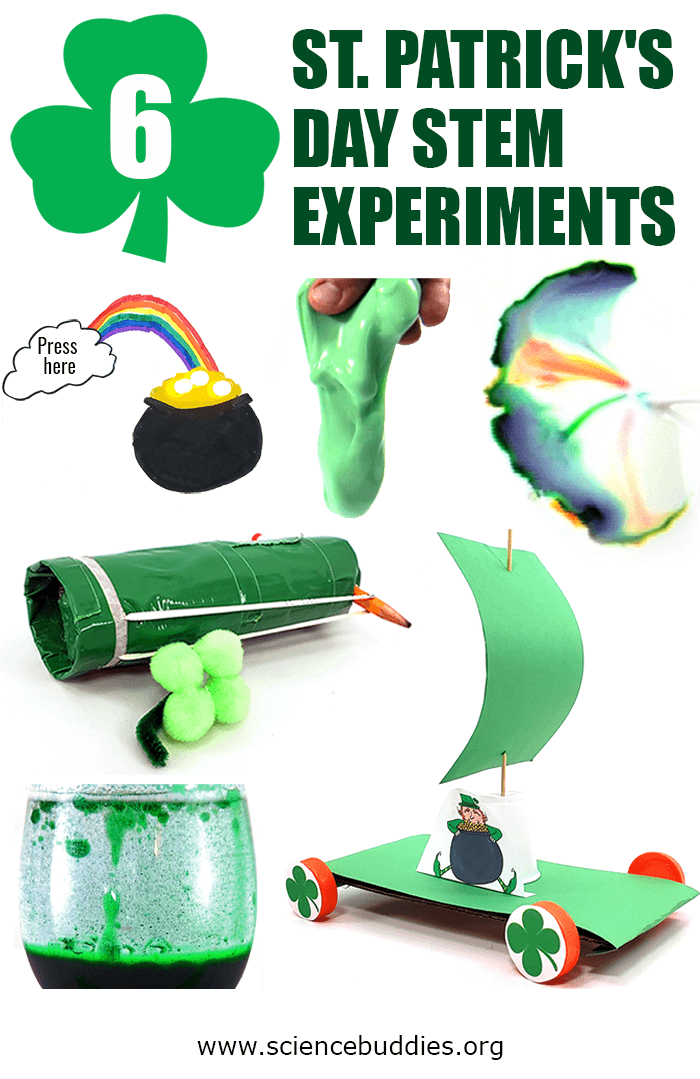 Photo collage of six STEM activities and experiments for St. Patrick's Day that are green or decorated to fit the theme