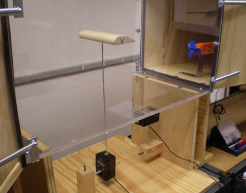 Two force sensors and a wind sensor are visible within a homemade wind tunnel