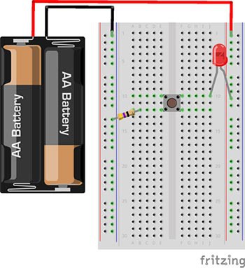 Drawing of a breadboard with a battery pack, resistor, button and LED