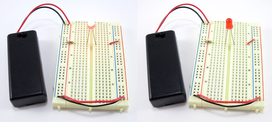 Two photos of a breadboard with a lit LED in the left photo and a jumper wire in the wrong column in the right photo