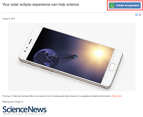Cropped screenshot of a Create Assignment button highlighted on a Science Buddies news article