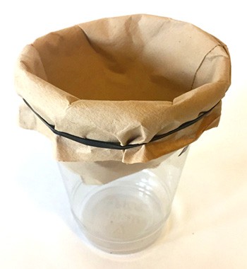 A paper coffee filter is placed over the opening of a plastic cup and secured with a rubber band