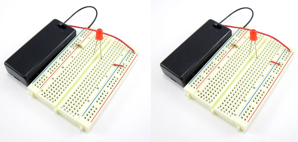 Two photos of a breadboard with a jumper wire in the wrong row on the right photo