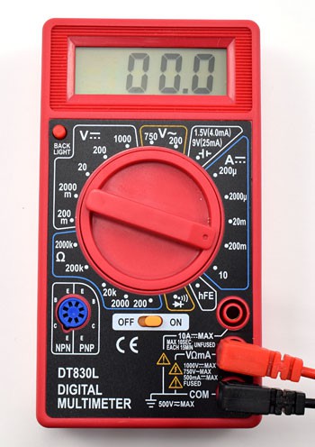 A multimeter with the dial set to 200 milliamps
